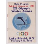 Olympics, Winter Olympics 1932, Lake Placid, daily programme covering period 4th February to 15th