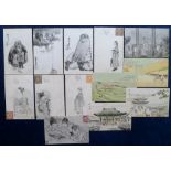 Postcards, an unusual selection of 13 Japanese printed sketches of children, social history, village