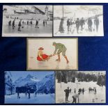 Postcards, Winter Sports, Curling, 4 cards, each showing Curler's in action sold with Pelegrini