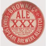 Barrel label, Brown & Co, Shakespeare Brewery, Redditch, 'Ale XXX' circular label 158mm diameter, (