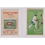 Tobacco issues, two Cricket fixture cards, Churchman's Cricket Fixtures 1929 & Player's Cricket