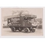 Postcard, transport / advertising, steam powered wagon with adverts for Phillips Rubber Soles and