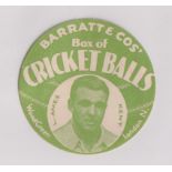 Trade card, Barratt's, Cricket Balls, type card, L. James, Kent, circular paper issue (vg) (1)