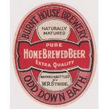 Beer label, W R Stride, Burnt House Brewery, Bath, Pure Home Brewed Beer v.o, 89mm tall (sl edge