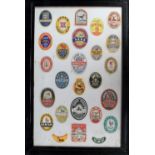 Beer labels, a framed and mounted on card display of 26 vintage labels inc. neck straps, various