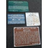 Railwayana, 4 cast iron warning signs to comprise Great Eastern Railway, Great Western Railway,