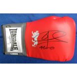 Boxing autograph, Joe Calzaghe, red Lonsdale boxing glove signed in black marker by Calzaghe with