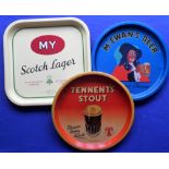 Breweriana, 3 tin pub trays, 2 circular circa 1950/60's, one McEwan's Beer 'Everyone's Choice'