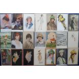 Postcards, a glamour and pretty girl mix of 38 cards, mostly Art Deco period. Artists include Sager,