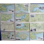 Postcards, a collection of 12 early UK map cards by John Walker & Co inc. Hampshire, Dorset, Kent,