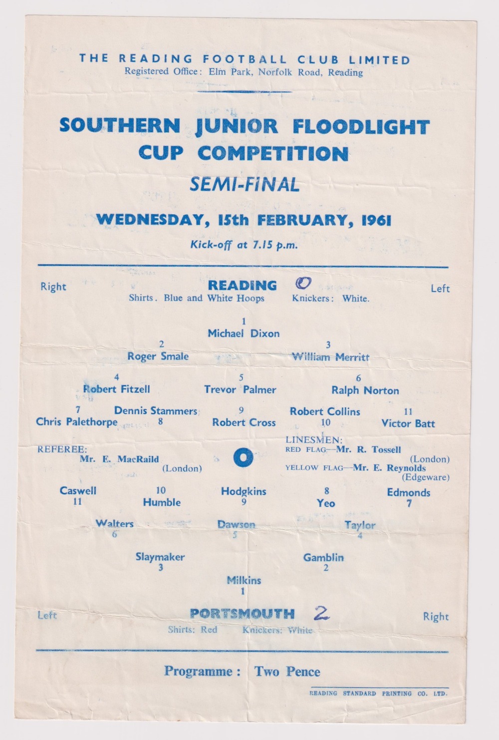 Football programme, Reading v Portsmouth, Southern Junior Floodlit Cup semi final, 15 February 1961,