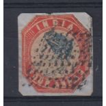 Stamp, India 1854 SG21 four Anna, cut to shape before use, tied to piece, good used
