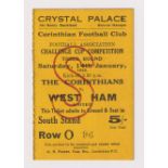Football ticket, The Corinthians v West Ham, FA Cup, 14 January, 1933, played at Crystal Palace,