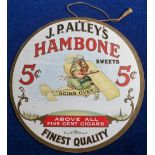 Tobacco advertising, J P Alley's, double sided circular advertising sign for Hambone Sweets (cigars)