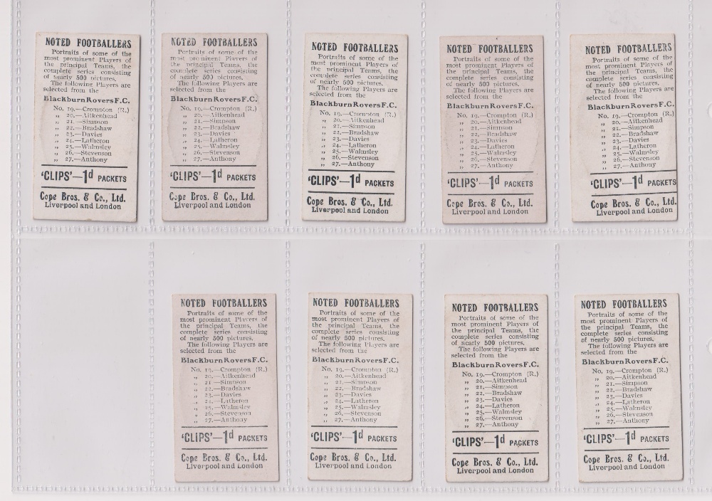 Cigarette cards, Cope's, Noted Footballers (Clips, 500 subjects), 18 cards, Blackburn Rovers (9), - Image 2 of 4