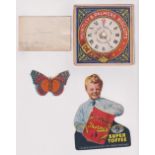 Trade cards, four advertising cards, Huntley & Palmers large Clock card with miniature record to