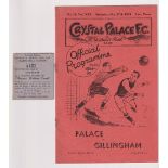 Football programme, Crystal Palace v Gillingham, 27 October 1934, Division 3 (South) with Crystal