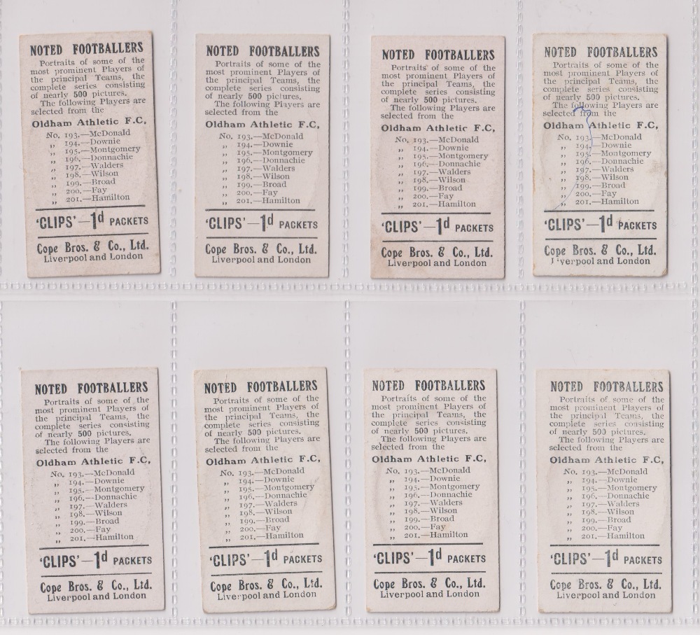 Cigarette cards, Cope's, Noted Footballers (Clips, 500 subjects), 17 cards, Oldham (9), nos 157- - Image 4 of 4
