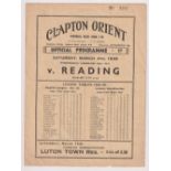 Football programme, Clapton Orient v Reading, 4 March 1939, Division 3 (South) (4 pages, team