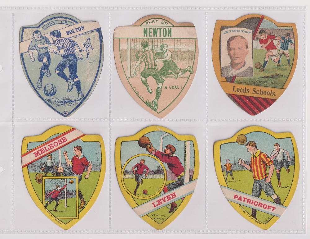 Trade cards, Baines, Football, 10 shield shaped cards, Bolton, Newton, Leeds Schools, Melrose,