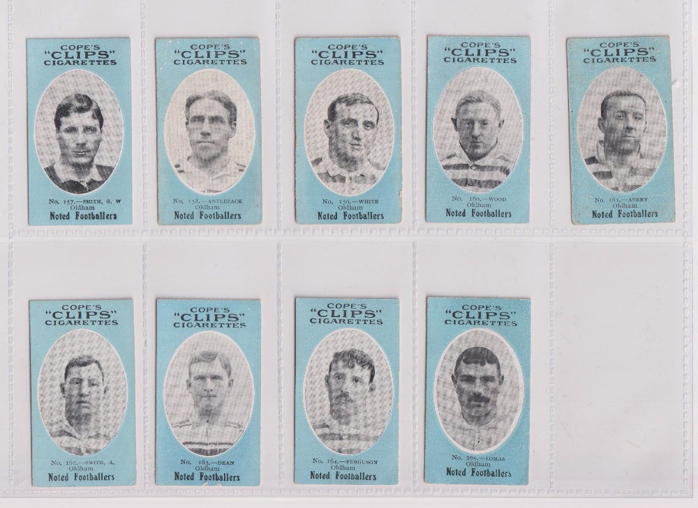 Cigarette cards, Cope's, Noted Footballers (Clips, 500 subjects), 17 cards, Oldham (9), nos 157-