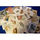 Postcards, Art Nouveau, Girl’s Heads, Swans, chromos etc., many UB, (some with w.t.f.., generally