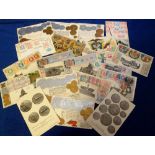 Postcards, Coins and Stamps, embossed Coins, inc. Portugal, USA, GB (8); embossed and other stamp