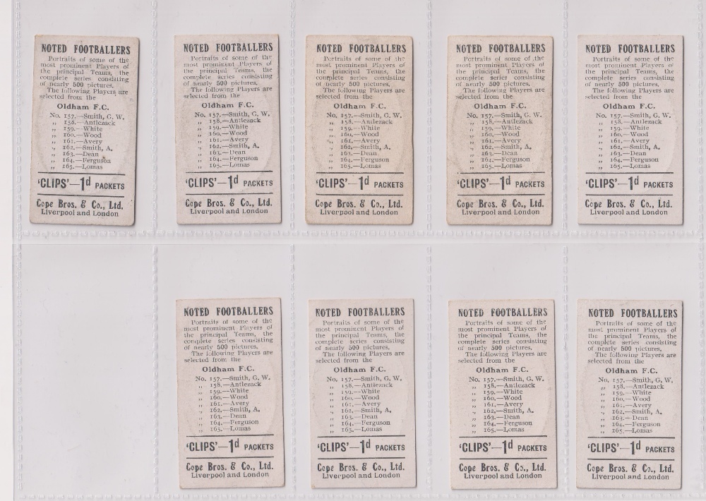 Cigarette cards, Cope's, Noted Footballers (Clips, 500 subjects), 17 cards, Oldham (9), nos 157- - Image 2 of 4