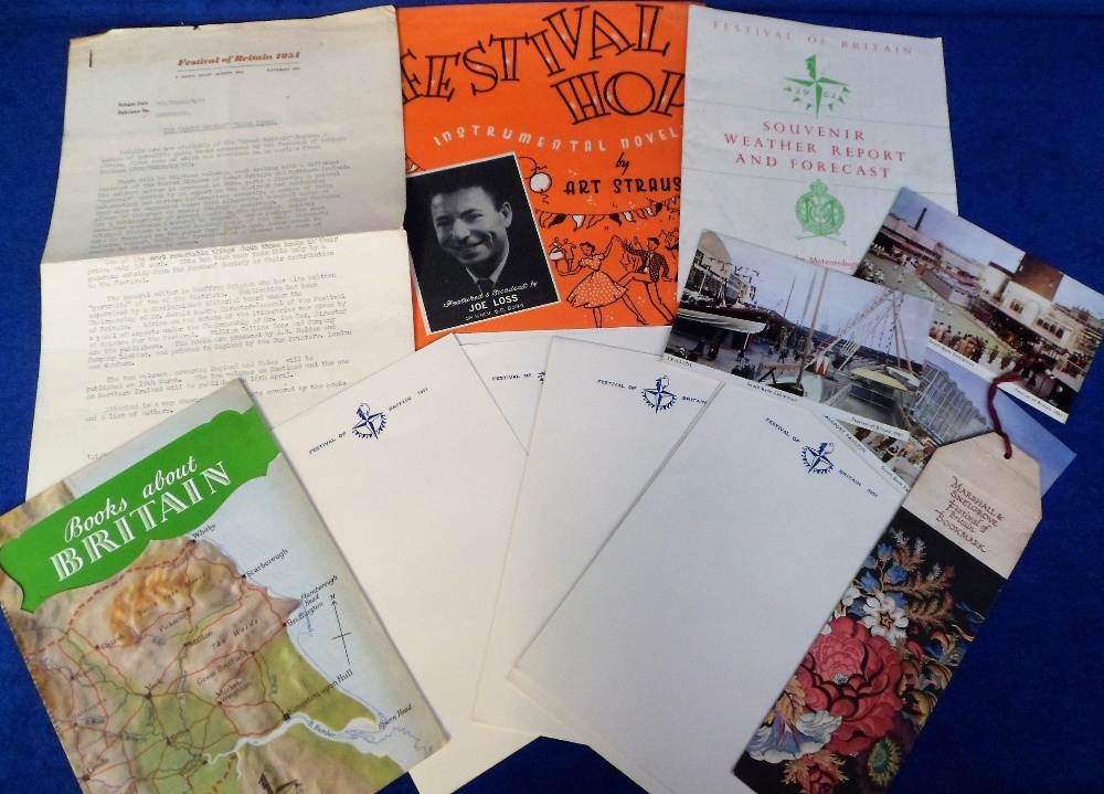 Ephemera, Festival of Britain to include sheets of writing paper, souvenir weather report,