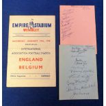 Football autographs/programme, England v Belgium at Wembley 19 January 1946, two album pages with
