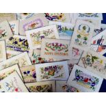Postcards, a collection of 35 WW1 period embroidered silk cards inc. greetings, allies flags,