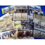 Stereoview Cards, 45+ assorted cards showing military scenes, a lady mounting a muddy bicycle,