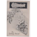 Postcard, advertising, artist-drawn advert for New Knight illustrated with comic motorcycle scene (