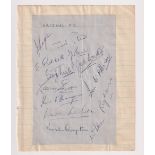 Football autographs, Arsenal FC, 1949/50, sheet of 13 original ink signatures mounted on exercise