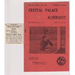 Football programme, Crystal Palace v Aldershot FA Cup, 13 January, 1934, with Crystal Palace Players