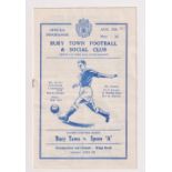 Football programme, Bury Town v Tottenham Hotspur 'A' 25 August 1962 Eastern Counties League (rs