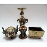 Three Oriental bronze items to include a lidded twin handled censer, a rectangular censer raised