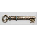 Victorian gold turquoise and seed pearl set propelling pencil in the form of a key, foliate engraved