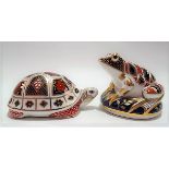 Modern Royal Crown Derby Imari pattern paperweight in the form of a tortoise and with silver button;