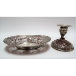 835 continental white metal squat candlestick embossed with trellis and foliate scrolls, stamped