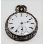 Silver cased crown wind pocket watch, the 40mm white enamel dial with Roman Numerals and