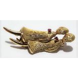 9ct tested gold Mid Century two stone ruby set brooch modelled as two girls, weight 11.2g approx