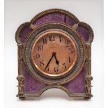 Early 20th Century brass case purple guilloche enamel eight day easel timepiece, the 2in textured