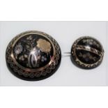 Two tortoiseshell gold and silver inlaid pique brooches, the largest diameter 40mm