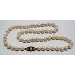 Pearl necklace with 9ct hallmarked gold clasp set with three pearls, length 48cm