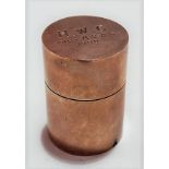 1920's rose gold cylindrical matchbox, the bottom with strike, engraved dedication to the top and