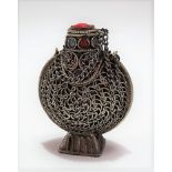 Persian white metal filigree snuff bottle inset with stone, height 5.5cm