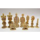 Seven 19th Century Cantonese ivory carved chess pieces together with two elephant chess pieces (9)