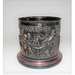 Continental white metal cylindrical embossed vase, embossed with tavern garden scenes, stamp