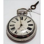 Silver pair cased pocket watch, the 43mm enamel dial with Roman numerals and subsidiary seconds